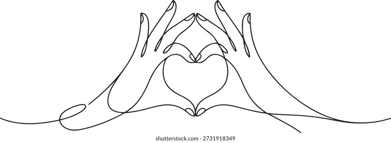 Una sola línea dibujando manos haciendo signo o símbolo corazón por dedos. Hermosas manos con espacio de copia. Concepto de amor con gestos de la mano. una línea Icono dibujo
