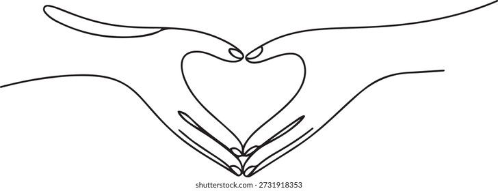 Einzeilige Handzeichnung, die ein Zeichen oder Symbol mit den Fingern macht. Schöne Hände mit Kopienraum. Liebeskonzept mit Handgesten. einzeilige Symbolzeichnung

