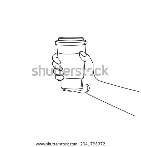 Single one line drawing hands in side view hold paper to go take away coffee or tea cups. Hand holding reusable mug of hot coffee. Zero waste. Continuous line draw design graphic vector illustration