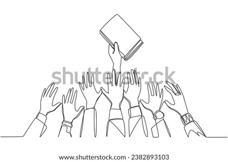 Single one line drawing hands fighting for book. Recipe for success has been shared. Fight to get it. Smart way to do business. Everyone can be successful. Continuous line design graphic illustration