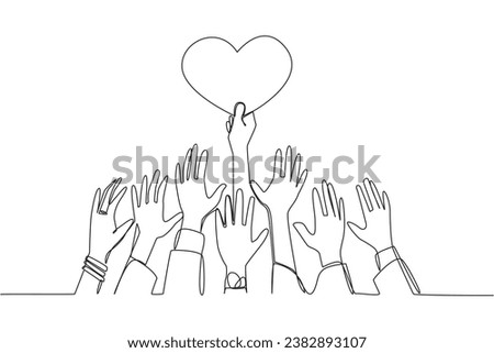 Single one line drawing hands fighting over the shape of a heart. Hands that are strong and the longest that can reach it. Achieve heart's dreams. Success. Continuous line design graphic illustration