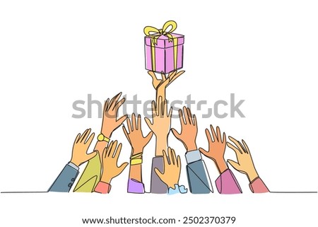 Single one line drawing hands fighting over the gift box. Win attractive prizes. Enjoyable business trip. Continue to be lucky. Entrepreneur welfare. Continuous line design graphic illustration