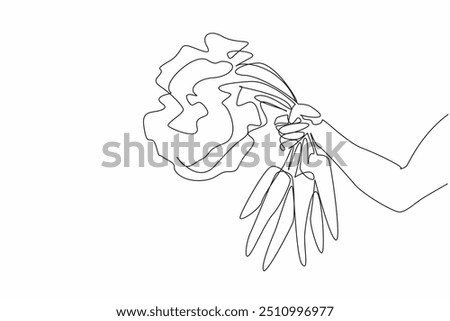 Single one line drawing hands holding some carrots. Organic. Harvest at the right time. Rabbit feed. Good vitamins for eye health. National Agriculture Day. Continuous line design graphic illustration