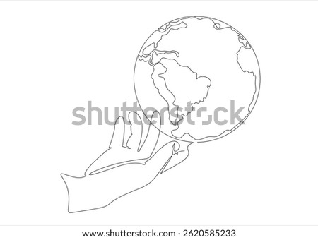Single one line drawing of hands hold round earth. Globe icon silhouette for world protect concept. Infographics, business presentation. Editable stroke. 