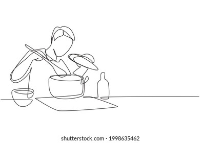 Single one line drawing handsome husband enjoying smell of cooking from pot. Prepare food at cozy kitchen. Cooking at home. Healthy food. Modern continuous line draw design graphic vector illustration