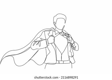 Single one line drawing handsome young man in business suit wearing tie with shirt. Successful businessman. Hero, ripping off his shirt. Modern continuous line draw design graphic vector illustration