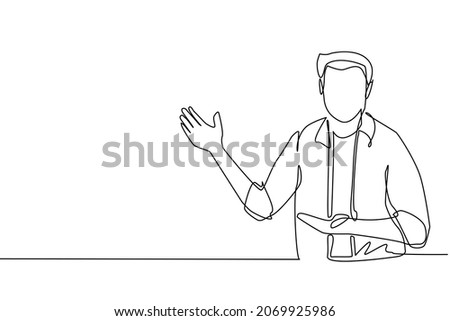 Single one line drawing handsome man in casual clothes presenting something. Young businessman showing something or presenting project. Modern continuous line draw design graphic vector illustration