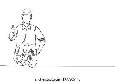 Single one line drawing of the handyman with the thumbs-up gesture is ready to work on repairing the damaged part of the house. Modern continuous line draw design graphic vector illustration.