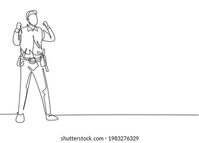 Single one line drawing handyman stands with celebrate gesture and tools such as pliers, screwdriver, hammer that is placed on his work shirt. Continuous line draw design graphic vector illustration