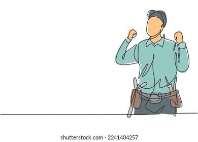 Single one line drawing handyman with celebrate gesture ready to work on repairing the damaged part of house. Professional work concept. Modern continuous line draw design graphic vector illustration