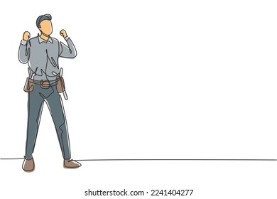 Un práctico dibujante de una sola línea está de pie con gesto de celebración y herramientas como alicates, destornillador, martillo que se coloca en su camisa de trabajo. Ilustración gráfica de diseño de trazos de línea continua