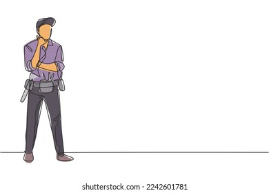 Un práctico dibujante de una sola línea está de pie con el gesto de llamarme y herramientas como alicates, destornillador, martillo que se coloca en una camisa de trabajo. Ilustración de líneas continuas moderna de diseño gráfico vectorial