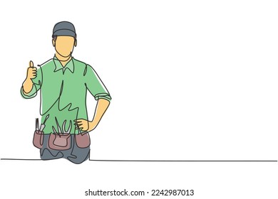 Single one line drawing of the handyman with the thumbs-up gesture is ready to work on repairing the damaged part of the house. Modern continuous line draw design graphic vector illustration.