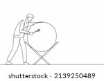 Single one line drawing happy man hitting bedug or traditional drum for suhoor and iftar time Ramadan. Muslim person calling other people to pray to mosque. Continuous line draw design graphic vector