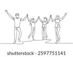 Single one line drawing happy family jumps while lifting and holding hands. Healthy holiday activities. Breathe fresh air in park. International Family Day. Continuous line design graphic illustration