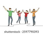 Single one line drawing happy family jumps while lifting and holding hands. Healthy holiday activities. Breathe fresh air in park. International Family Day. Continuous line design graphic illustration