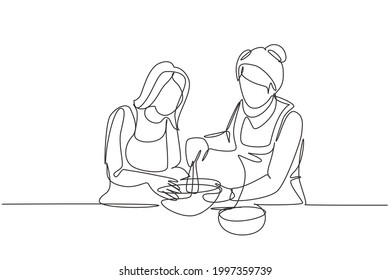 Single one line drawing happy family grandmother mother-in-law and daughter-in-law daughter knead cake dough using manual hand mixer. Modern continuous line draw design graphic vector illustration