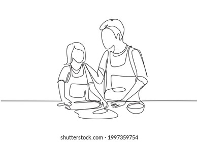 Single One Line Drawing Happy Father And Daughter Wearing Apron Cook In Kitchen. Enjoying Kneading Cake Dough Or Bakery Together At Home. Modern Continuous Line Draw Design Graphic Vector Illustration