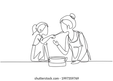 Single one line drawing happy mother tasting food given by her beautiful daughter  Cooking for lunch together in cozy kitchen at home  Modern continuous line draw design graphic vector illustration
