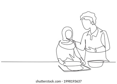 Single one line drawing happy Arabian father and daughter cook in cozy kitchen. Enjoying kneading cake dough or bakery together at home. Modern continuous line draw design graphic vector illustration