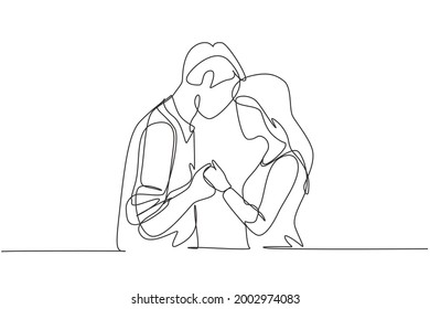 Single one line drawing happy loving couple holding hands. Young couple standing while holding hands, looking at each other and smiling. Modern continuous line draw design graphic vector illustration