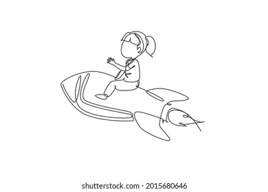 Single one line drawing happy girl is sitting on flying rocket. Preschool kid. Children sitting on rocket. Back to school. Educational concept. Continuous line draw design graphic vector illustration