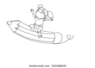 Single one line drawing happy girl sitting on flying pencil, get ready for studying. Kids riding on stationary. Back to school or creative thinking concept. Modern continuous line draw design graphic