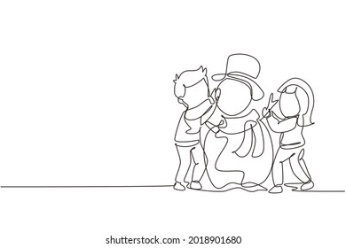 Single one line drawing happy children make snowman together. Snowy forest, little boys and girls in warm clothes, New Year's snowman. Modern continuous line draw design graphic vector illustration