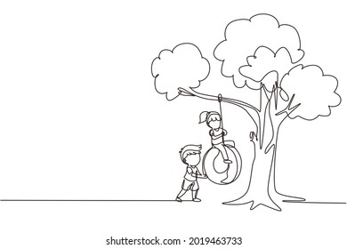 Single one line drawing happy boys and girls playing tire swing under tree. Kids swinging on tire hanging from tree. Children playing in garden. Continuous line draw design graphic vector illustration