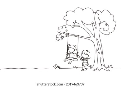 Single one line drawing happy two girls playing on tree swing. Cheerful kids on swinging under a tree. Children playing at playground. Modern continuous line draw design graphic vector illustration