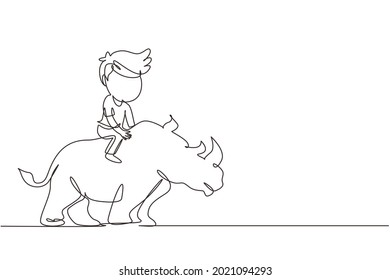 Single one line drawing happy boy riding rhino rhinoceros. Child sitting on back rhinoceros in zoo. Kids learning to ride rhinoceros. Modern continuous line draw design graphic vector illustration