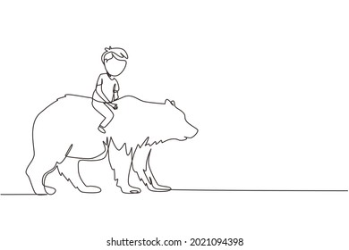 Dibujo de una sola línea feliz niño montado oso pardo. Niño sentado a espaldas del oso grande en un evento de circo. Niños aprendiendo a montar animal bestia. Vector gráfico de diseño de trazos de línea continua