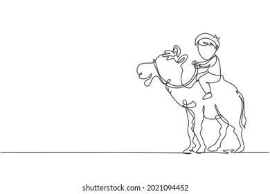 Single one line drawing happy little boy riding camel. Child sitting on hump camel with saddle in desert. Kids learning to ride camel. Modern continuous line draw design graphic vector illustration