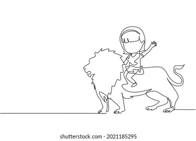 Single one line drawing happy little girl riding lion. Child sitting on back big lion at circus event. Kid learning to ride beast animal. Modern continuous line draw design graphic vector illustration