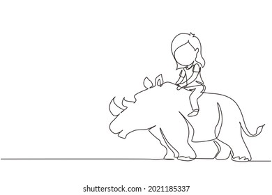 Single one line drawing happy girl riding rhino rhinoceros. Child sitting on back rhinoceros in zoo. Kids learning to ride rhinoceros. Modern continuous line draw design graphic vector illustration