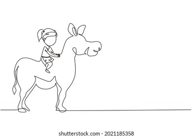 Single one line drawing happy cute girl riding cute donkey. Child sitting on back donkey with saddle in ranch park. Kid learning to ride donkey. Continuous line draw design graphic vector illustration