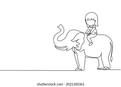 Single one line drawing happy little girl riding elephant. Child sitting on back elephant and travelling. Kids learning to ride elephant. Modern continuous line draw design graphic vector illustration