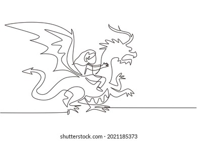 Single one line drawing happy little girl flying with fantasy dragon. Child fly and sitting on back dragon at the sky. Kids imaginary fairytale. Continuous line draw design graphic vector illustration
