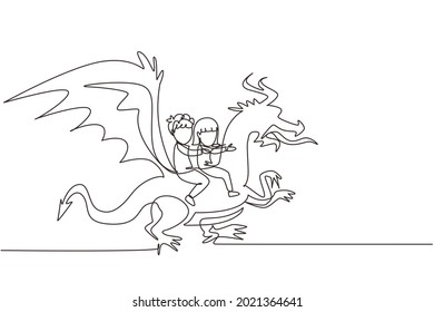 Single one line drawing happy little boy and girl flying with fantasy dragon together. Children fly and sitting on back dragon at the sky. Kids imaginary fairytale. Continuous line draw design vector