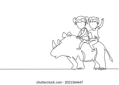 Single one line drawing happy boy and girl riding rhino rhinoceros together. Children sitting on back rhinoceros in zoo. Kids learning to ride rhinoceros. Continuous line draw design graphic vector