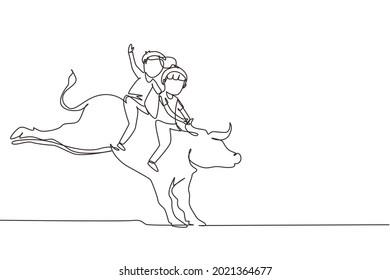 Single one line drawing happy cute kid boy   girl riding cute bull together  Children sitting back bull and saddle in cowboy ranch  Kids learning to ride bull  Continuous line draw design vector