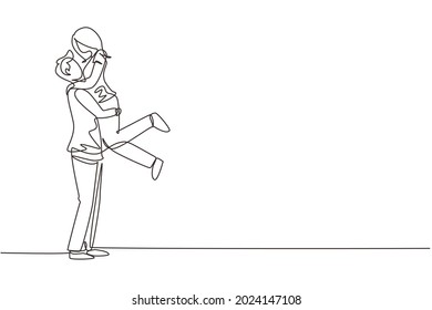 Single one line drawing happy man carrying and embracing woman. Couple dating characters. Romantic couple relationship celebrate anniversary. Continuous line draw design graphic vector illustration