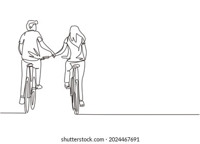 Single one line drawing happy couple ride bicycles in meadow back to camera and holding hands. Young man and woman in love. Happy romantic married couple. Continuous line draw design graphic vector