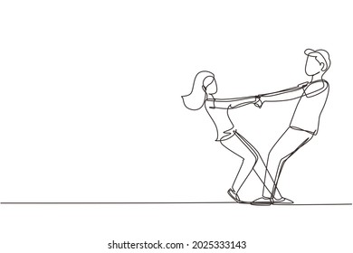 Single one line drawing happy cute man and woman dancing on the floor at park. Romantic young wedding couple holding hands and spinning around. Continuous line draw design graphic vector illustration