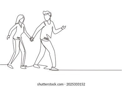 Single One Line Drawing Happy Man Pulled Woman Hand. Romantic Couple Walking On Romantic Honeymoon Promenade Holiday. Couple Summer Vacation. Continuous Line Draw Design Graphic Vector Illustration