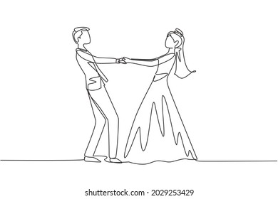 Single One Line Drawing Happy Cheerful Boy And Girl Dancing On The Floor At Wedding Party. Romantic Young Wedding Couple Holding Hands And Spinning Around. Continuous Line Draw Design Graphic Vector