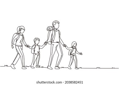 Single one line drawing happy family traveling together in mountains. Father, mother and children hiking, holiday and camping with backpack at nature. Continuous line draw design vector illustration
