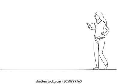 Single One Line Drawing Happy Modern Young Woman Reading Book Standing. Smiling Female Reader Enjoying Literature Or Preparing For Exam. Modern Continuous Line Draw Design Graphic Vector Illustration