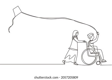 Single one line drawing happy child disabled concept. Hand drawn little Arab girl pushing boy in wheel chair with flying kite. Disabled has fun outside. Continuous line draw design vector illustration