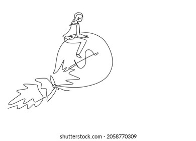 Single one line drawing happy businesswoman riding rocket money bag with dollar sign flying through sky. Financial business creative idea to achieve success goal. Continuous line draw design vector